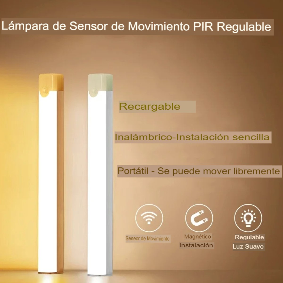 Luz LED inalámbrica recargable seguridad lampara Sensor movimiento sala, cuarto,armario, escaleras.