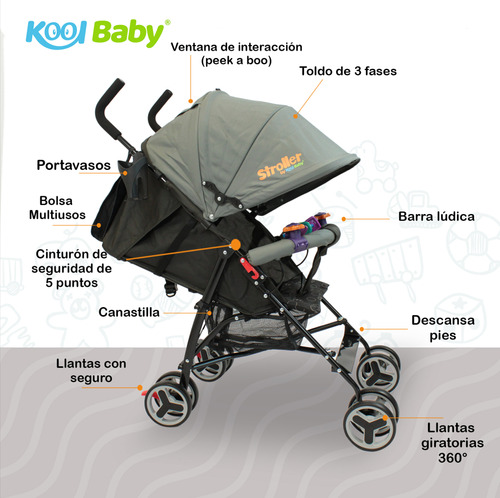 Carriola De Bastón Plegable Para Bebé Kool Baby Car-104 Color Gris.