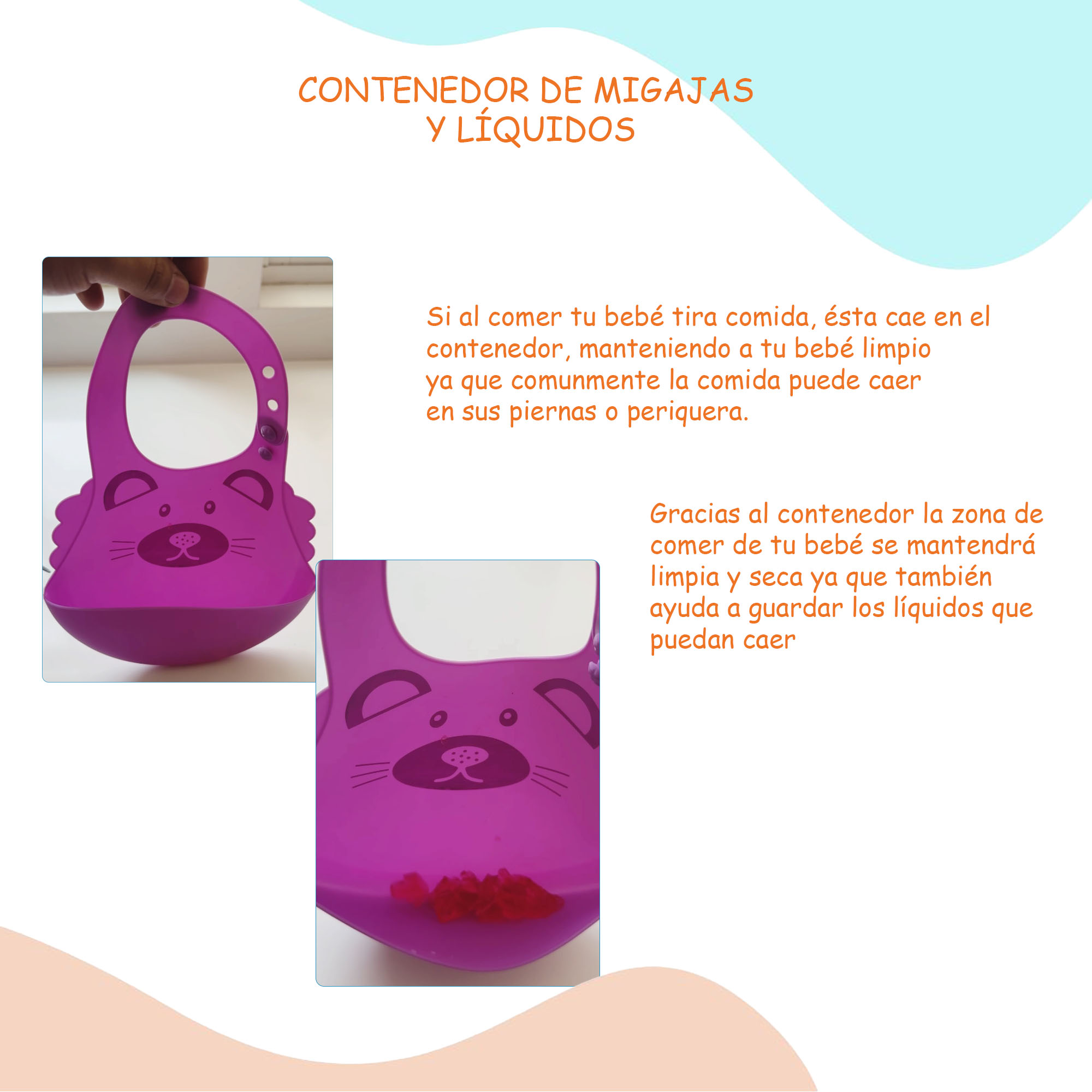 3 Baberos para Bebé con Contenedor de Migajas, Libre de BPA, Diseño de Osito.