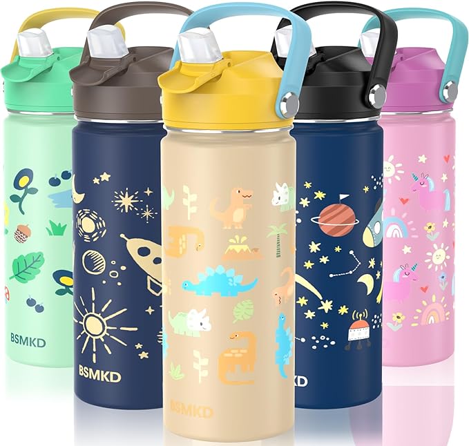 BSMKD Botella de Agua para Niños, Botella de Acero Inoxidable para Niños y Niñas, 18oz Termo de Agua Aislada Reutilizable con 2 Pajitas, 100% A Prueba de Fugas, para Escuela (Amarillo).