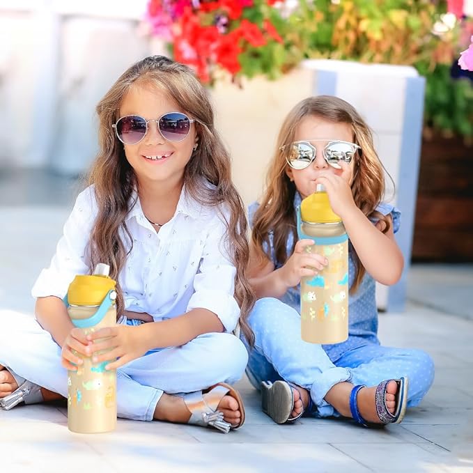 BSMKD Botella de Agua para Niños, Botella de Acero Inoxidable para Niños y Niñas, 18oz Termo de Agua Aislada Reutilizable con 2 Pajitas, 100% A Prueba de Fugas, para Escuela (Amarillo).