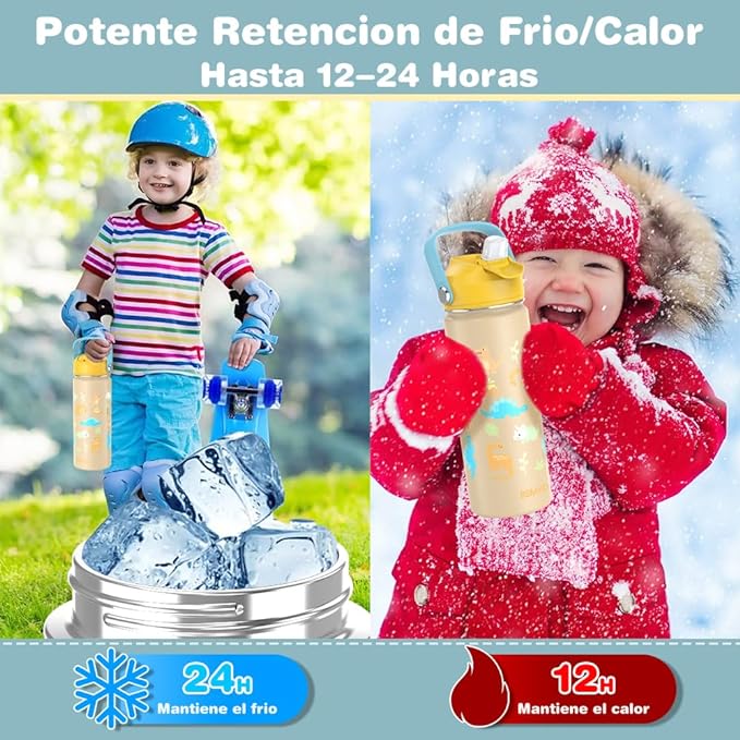 BSMKD Botella de Agua para Niños, Botella de Acero Inoxidable para Niños y Niñas, 18oz Termo de Agua Aislada Reutilizable con 2 Pajitas, 100% A Prueba de Fugas, para Escuela (Amarillo).