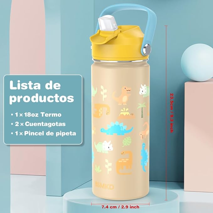 BSMKD Botella de Agua para Niños, Botella de Acero Inoxidable para Niños y Niñas, 18oz Termo de Agua Aislada Reutilizable con 2 Pajitas, 100% A Prueba de Fugas, para Escuela (Amarillo).