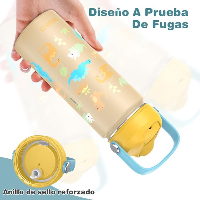 BSMKD Botella de Agua para Niños, Botella de Acero Inoxidable para Niños y Niñas, 18oz Termo de Agua Aislada Reutilizable con 2 Pajitas, 100% A Prueba de Fugas, para Escuela (Amarillo).