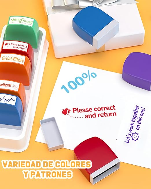  Juego de 8 sellos para maestros，Sello de Oficina Ideal para Calificar Suministros en el Aula, 