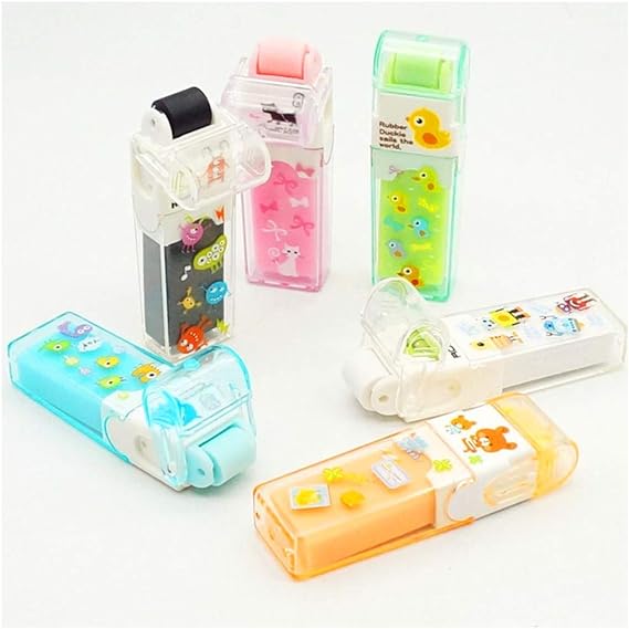 A StudentsZone - Borradores de lápiz para niños, 6 unidades y 6 colores, blanco, azul, verde, rosa, morado, rojo rosa, regalo de fiesta divertido y suministros escolares, borrador de dibujo Kawaii.
