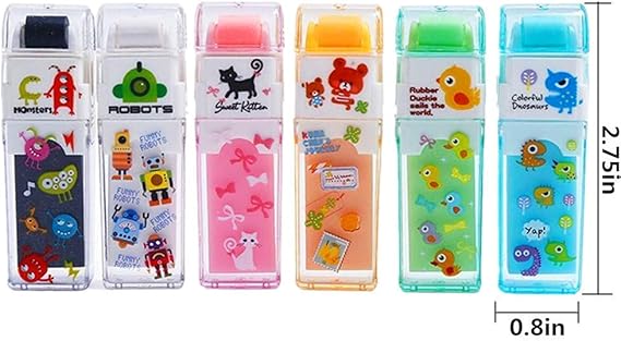 A StudentsZone - Borradores de lápiz para niños, 6 unidades y 6 colores, blanco, azul, verde, rosa, morado, rojo rosa, regalo de fiesta divertido y suministros escolares, borrador de dibujo Kawaii.