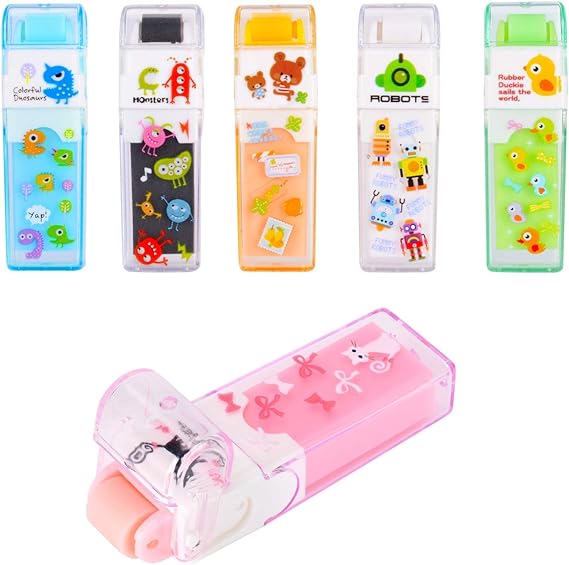 A StudentsZone - Borradores de lápiz para niños, 6 unidades y 6 colores, blanco, azul, verde, rosa, morado, rojo rosa, regalo de fiesta divertido y suministros escolares, borrador de dibujo Kawaii.