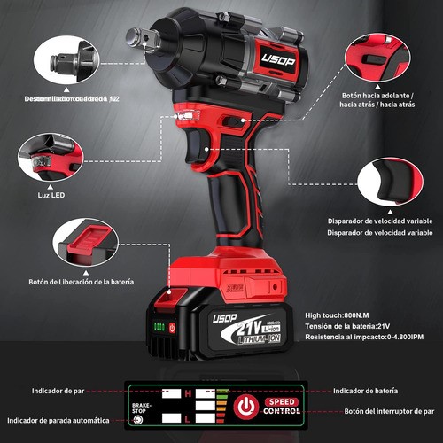Llave De Impacto 2 Batería 1/2 Inalámbrica Eléctrica 800n.m.