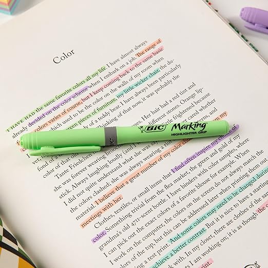 A BIC, Marcatextos con Grip, Subraya Todo, Punta Cincel, Marking Pastel, Surtido de Colores, 5 piezas.