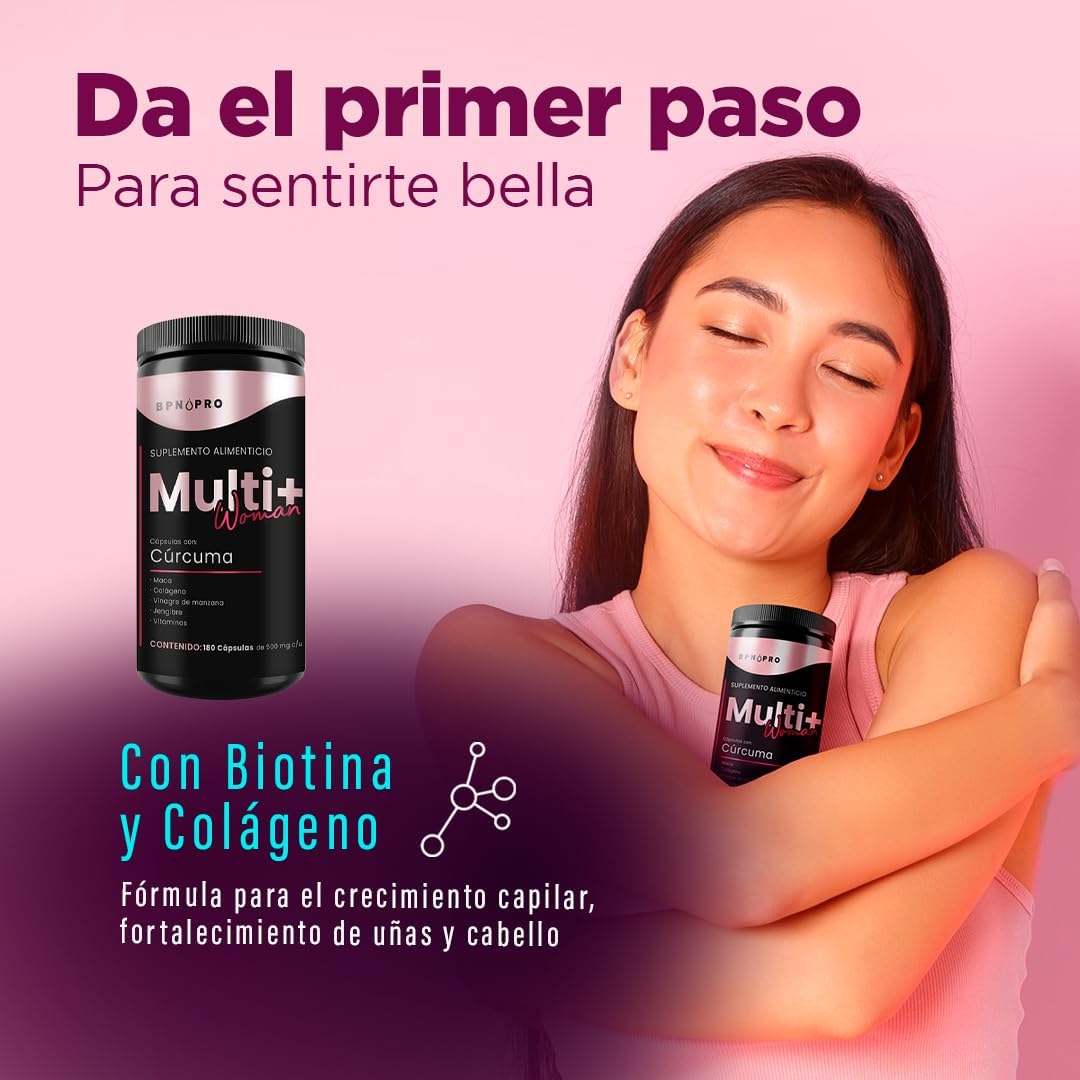 Multivitamínico Para Mujer VItaminas Cúrcuma Colágeno BPN 180 Capsulas Jengibre..