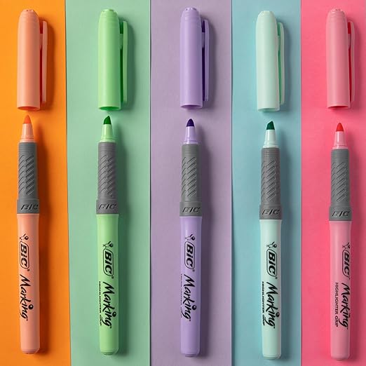A BIC, Marcatextos con Grip, Subraya Todo, Punta Cincel, Marking Pastel, Surtido de Colores, 5 piezas.