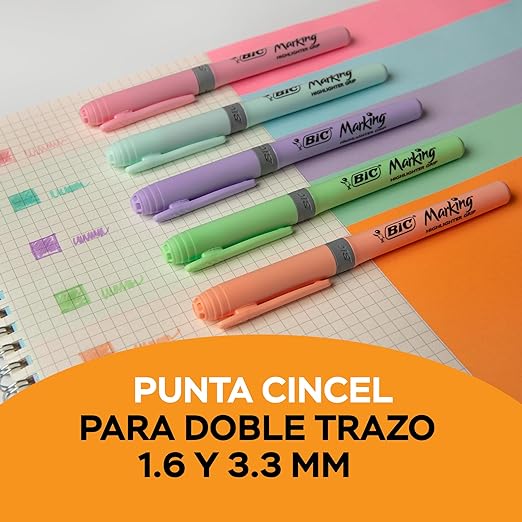 A BIC, Marcatextos con Grip, Subraya Todo, Punta Cincel, Marking Pastel, Surtido de Colores, 5 piezas.