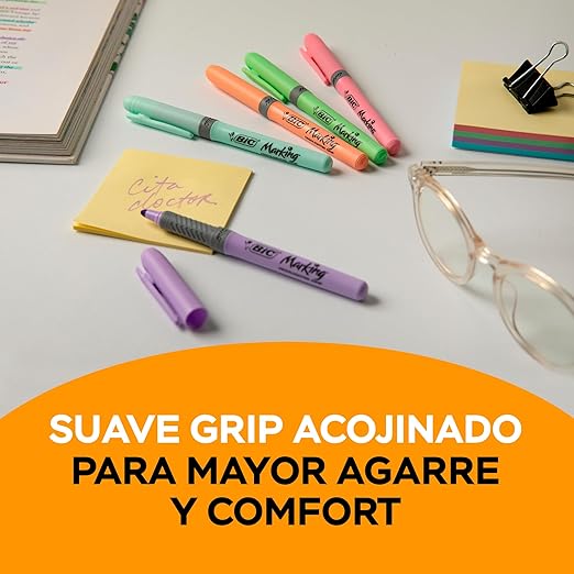 A BIC, Marcatextos con Grip, Subraya Todo, Punta Cincel, Marking Pastel, Surtido de Colores, 5 piezas.
