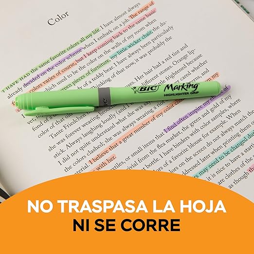 A BIC, Marcatextos con Grip, Subraya Todo, Punta Cincel, Marking Pastel, Surtido de Colores, 5 piezas.