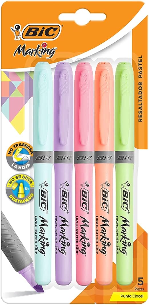 A BIC, Marcatextos con Grip, Subraya Todo, Punta Cincel, Marking Pastel, Surtido de Colores, 5 piezas.
