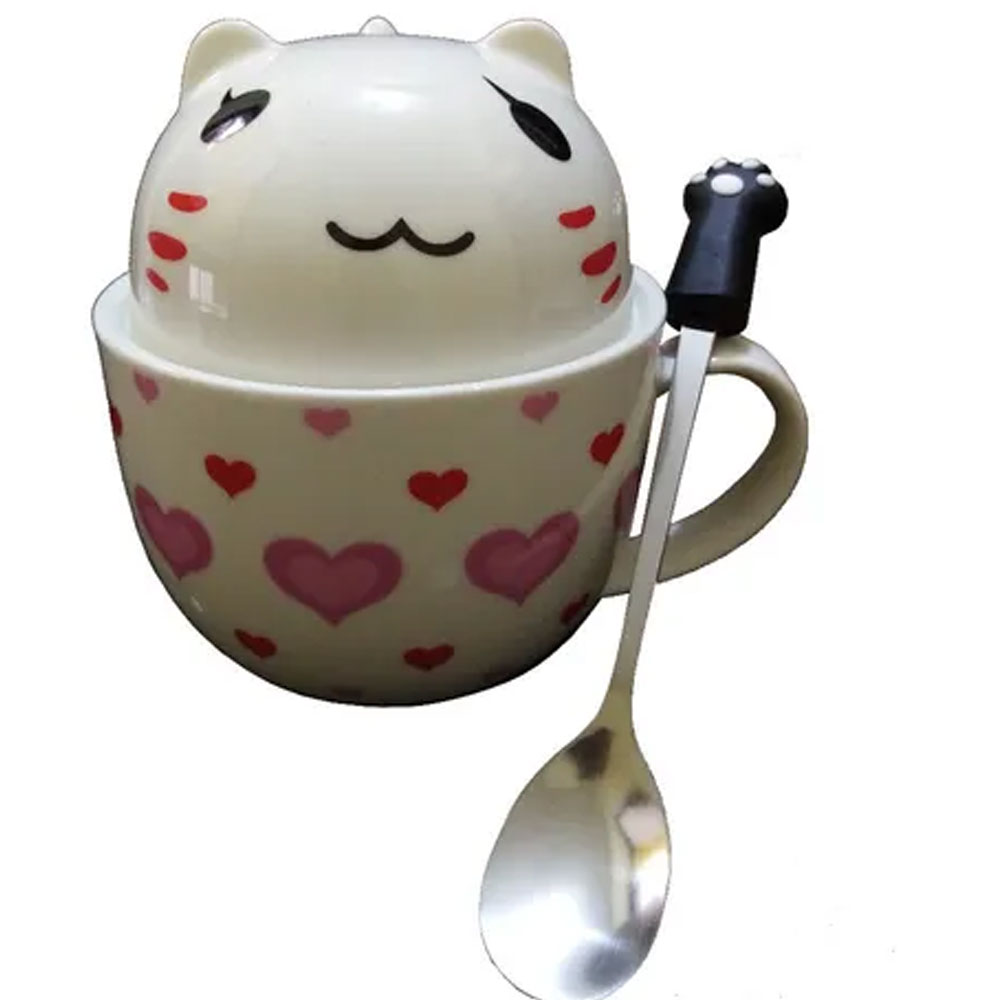 Taza Doble Y Cuchara Gato Gatito Corazones Kawaii Regalos.