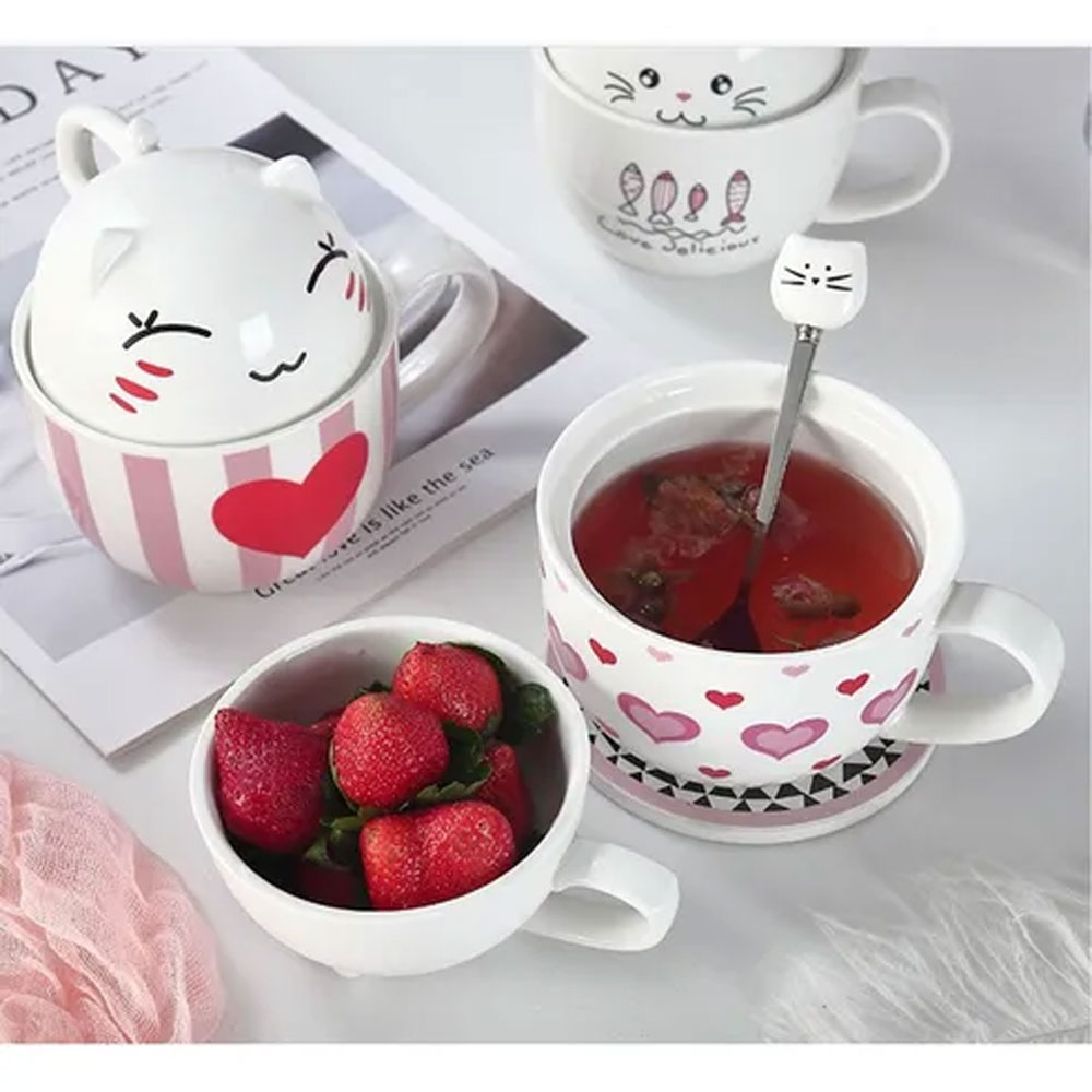 Taza Doble Y Cuchara Gato Gatito Corazones Kawaii Regalos.