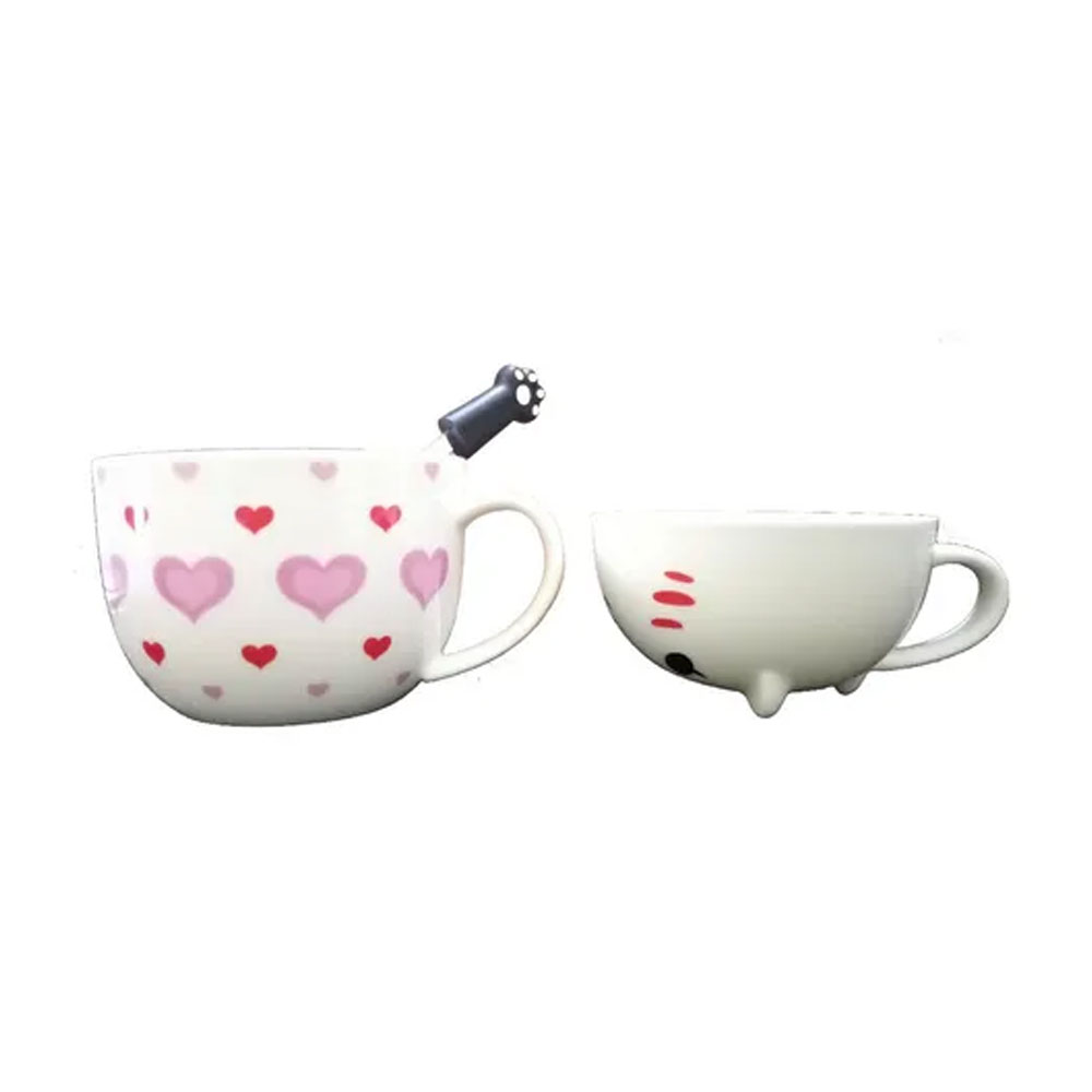 Taza Doble Y Cuchara Gato Gatito Corazones Kawaii Regalos.