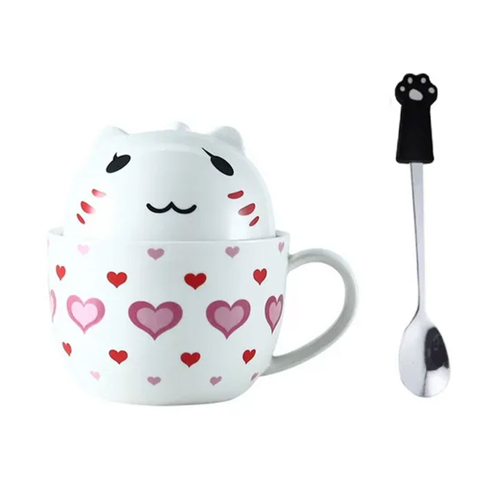 Taza Doble Y Cuchara Gato Gatito Corazones Kawaii Regalos.