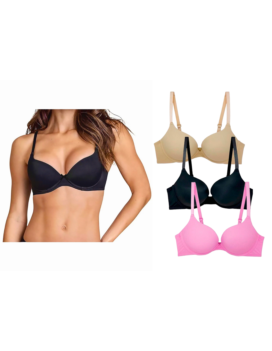  Paquete De 3 Brasieres Doble Push Up Tatys Fashion Con 3 Diferentes Colores Aumenta Hasta 2 Tallas.