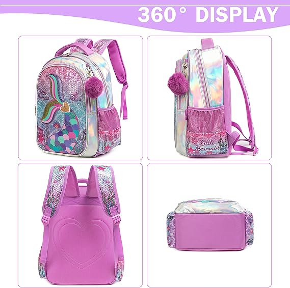 A Mochila para Gilrs Mochilas para niños con lentejuelas para estudiantes de primaria preescolar, bolsa para laptop, con fiambrera.