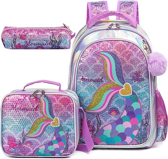 A Mochila para Gilrs Mochilas para niños con lentejuelas para estudiantes de primaria preescolar, bolsa para laptop, con fiambrera.