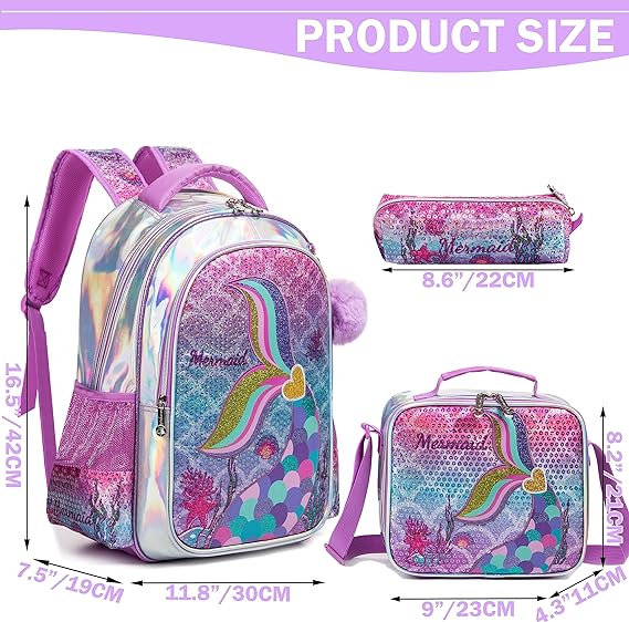 A Mochila para Gilrs Mochilas para niños con lentejuelas para estudiantes de primaria preescolar, bolsa para laptop, con fiambrera.