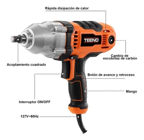 Llave De Impacto 500 Nm Teeno Adaptador 17/19/21/22 Mm 710w naranja/negro.