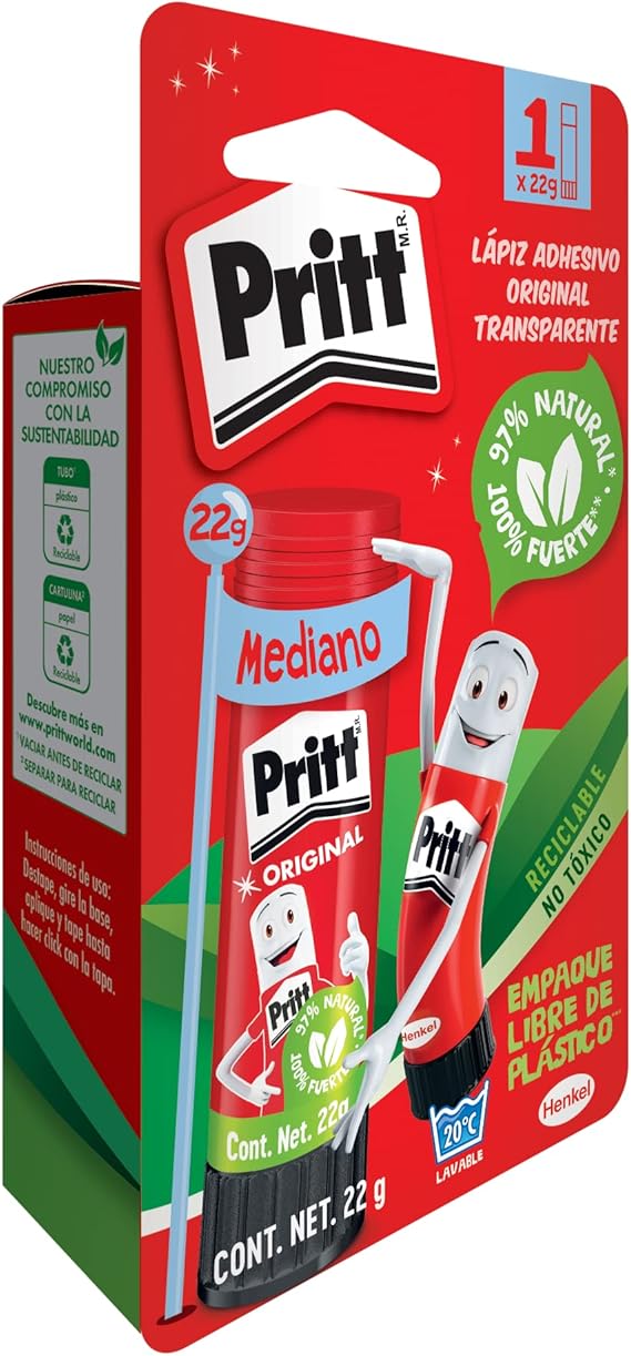 A Lápiz adhesivo marca Pritt, es un pegamento seguro para niños, ideal para útiles escolares y manualidades, adhesivo resistente para oficina y papelería, pegamento Pritt, 22g.