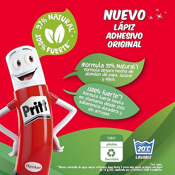 A Lápiz adhesivo marca Pritt, es un pegamento seguro para niños, ideal para útiles escolares y manualidades, adhesivo resistente para oficina y papelería, pegamento Pritt, 22g.