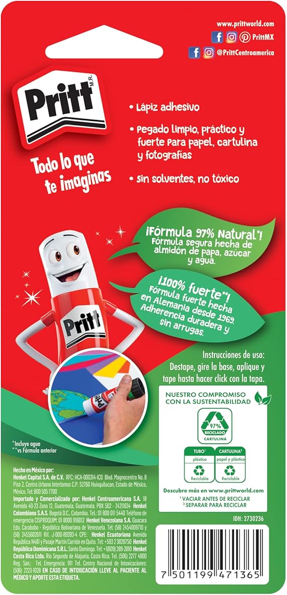A Lápiz adhesivo marca Pritt, es un pegamento seguro para niños, ideal para útiles escolares y manualidades, adhesivo resistente para oficina y papelería, pegamento Pritt, 22g.