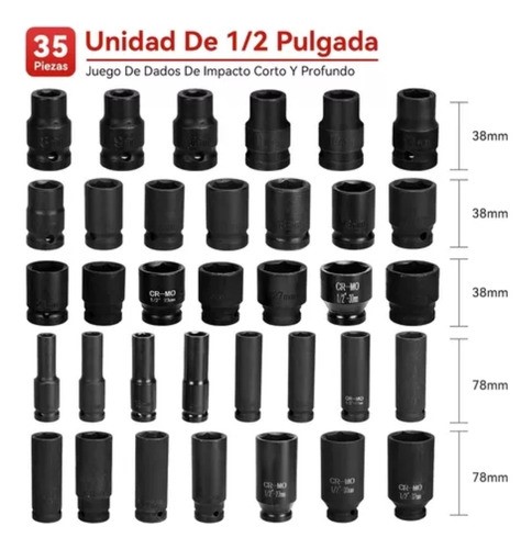 Juego Dados De Impacto Profundo 1/2 8-32mm Herramienta 35pzs rojo.