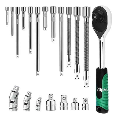 Juego De Llaves De Tubo Con Llave Carraca Y Extensión 20pzs verde negro.
