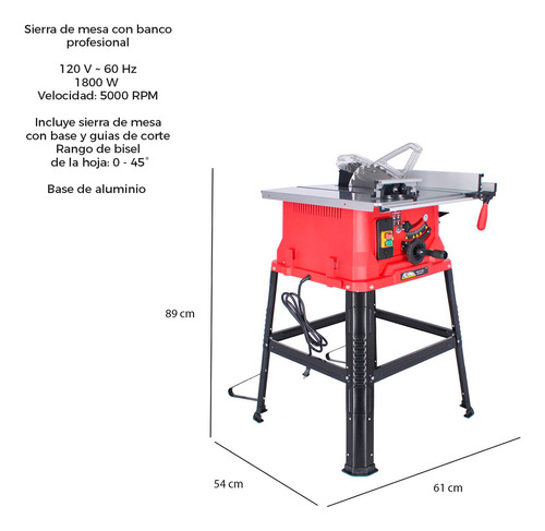 Sierra De Mesa Banco Guía de Corte ADIR837 CORTE 45° POTENCIA 1800W VELOCIDAD 5000RPM RANGO DE BISEL DE LA HOJA 0 A 45° MEDIDA DE LA MESA 54.6 X 58 DIAMETRO DE LA SIERRA 254MM.