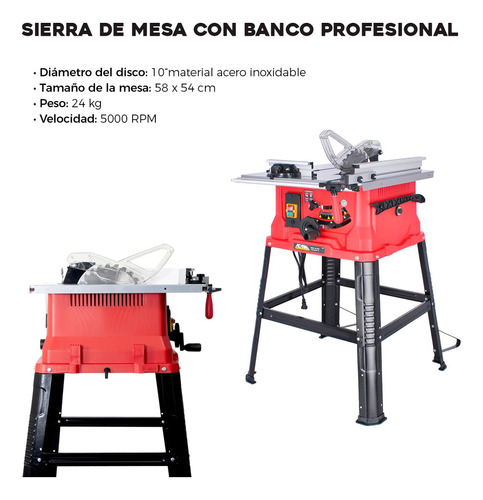 Sierra De Mesa Banco Guía de Corte ADIR837 CORTE 45° POTENCIA 1800W VELOCIDAD 5000RPM RANGO DE BISEL DE LA HOJA 0 A 45° MEDIDA DE LA MESA 54.6 X 58 DIAMETRO DE LA SIERRA 254MM.