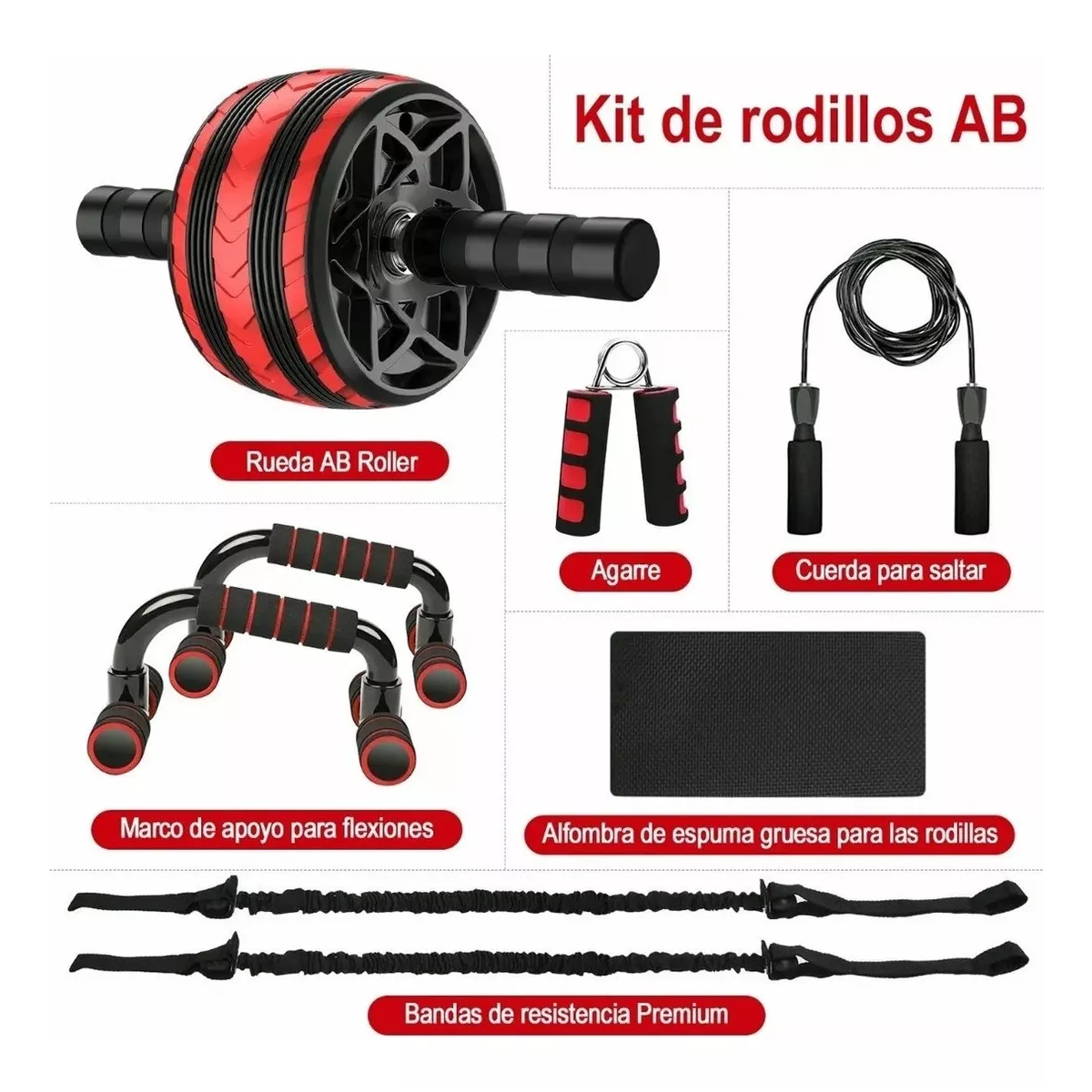 Kit Ejercitador Rueda Abdominales Barras Push-up Cuerda.