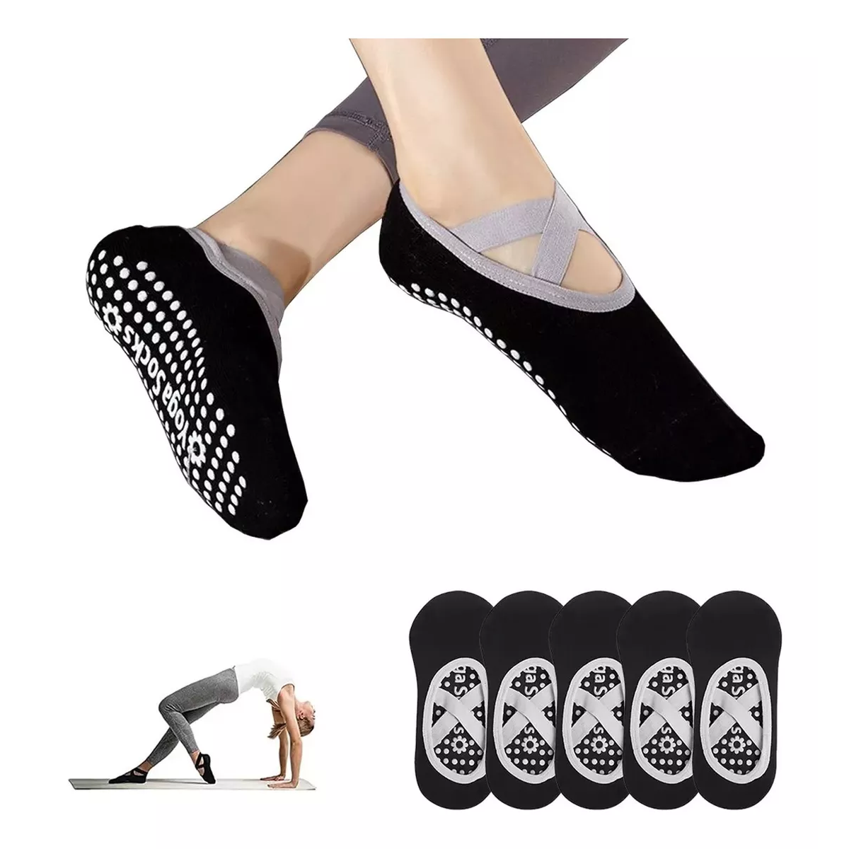 Set Calcetines Yoga Antiderrapantes Ropa Deportiva Pilates 5 Par Negro.
