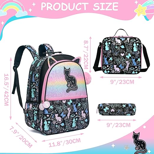 A Meetbelify - Mochilas escolares de gato para niñas, mochila negra con caja de almuerzo para estudiantes de primaria, suministros de regreso a la escuela, para niñas de 8 a 10 años, Gato negro.