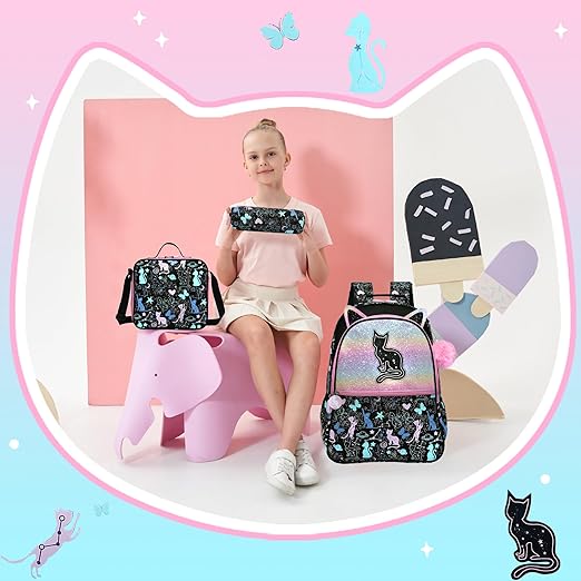 A Meetbelify - Mochilas escolares de gato para niñas, mochila negra con caja de almuerzo para estudiantes de primaria, suministros de regreso a la escuela, para niñas de 8 a 10 años, Gato negro.