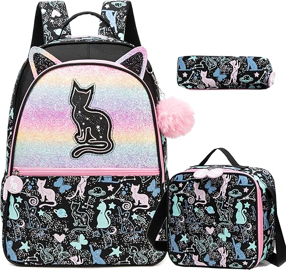 A Meetbelify - Mochilas escolares de gato para niñas, mochila negra con caja de almuerzo para estudiantes de primaria, suministros de regreso a la escuela, para niñas de 8 a 10 años, Gato negro.