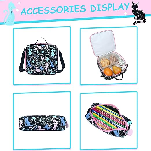 A Meetbelify - Mochilas escolares de gato para niñas, mochila negra con caja de almuerzo para estudiantes de primaria, suministros de regreso a la escuela, para niñas de 8 a 10 años, Gato negro.