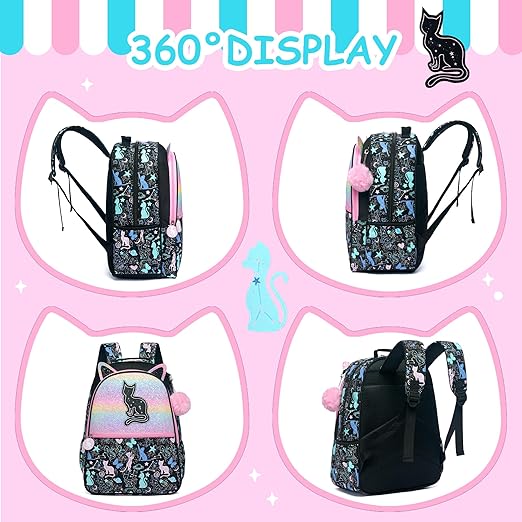 A Meetbelify - Mochilas escolares de gato para niñas, mochila negra con caja de almuerzo para estudiantes de primaria, suministros de regreso a la escuela, para niñas de 8 a 10 años, Gato negro.