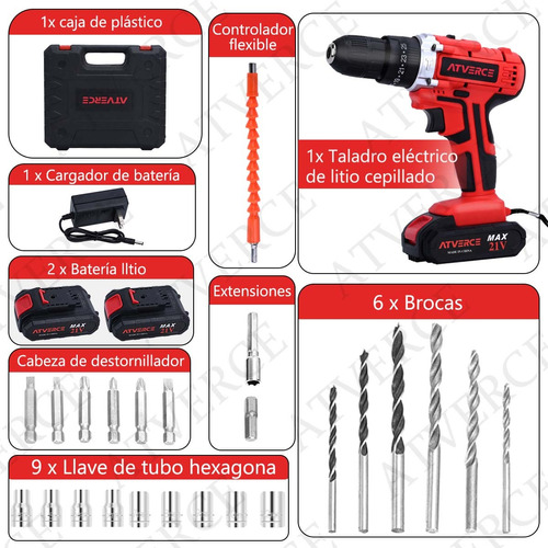 Kit De Taladro Eléctrico Atverce Atornillador Inalámbrico Color Rojo.