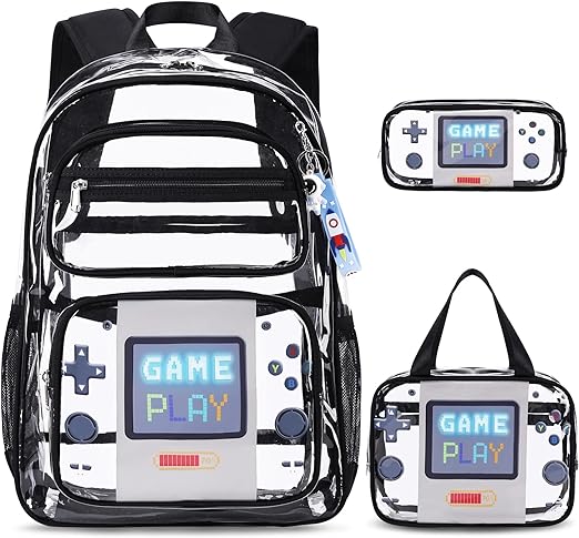 A ACESAK - Mochila transparente para niños y niñas, 3 unidades de mochila transparente resistente con bolsa de almuerzo, mochila transparente aprobada por el estadio