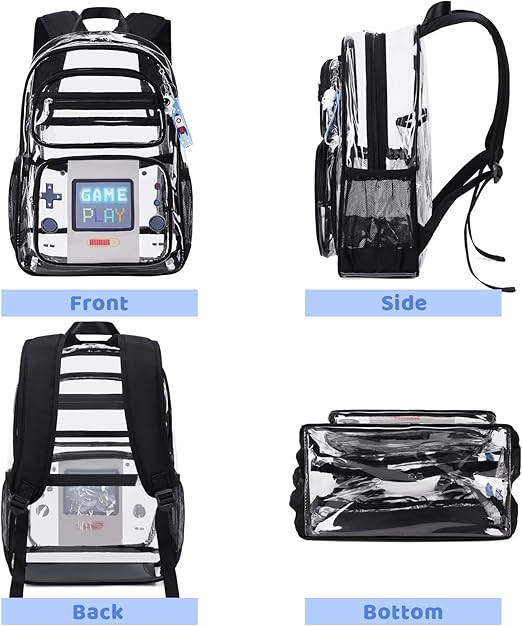 A ACESAK - Mochila transparente para niños y niñas, 3 unidades de mochila transparente resistente con bolsa de almuerzo, mochila transparente aprobada por el estadio