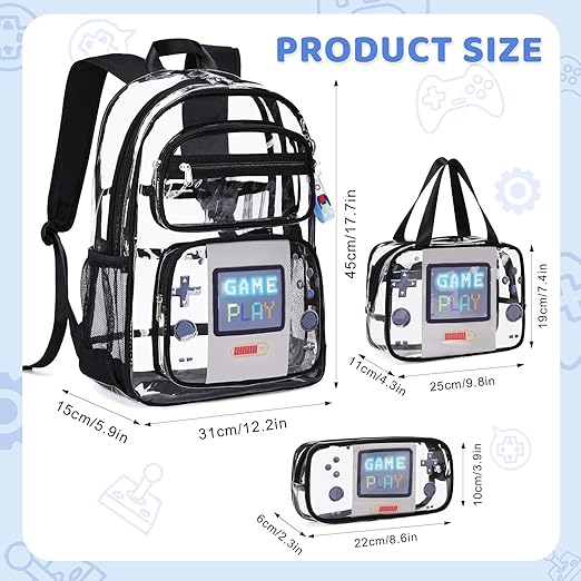 A ACESAK - Mochila transparente para niños y niñas, 3 unidades de mochila transparente resistente con bolsa de almuerzo, mochila transparente aprobada por el estadio