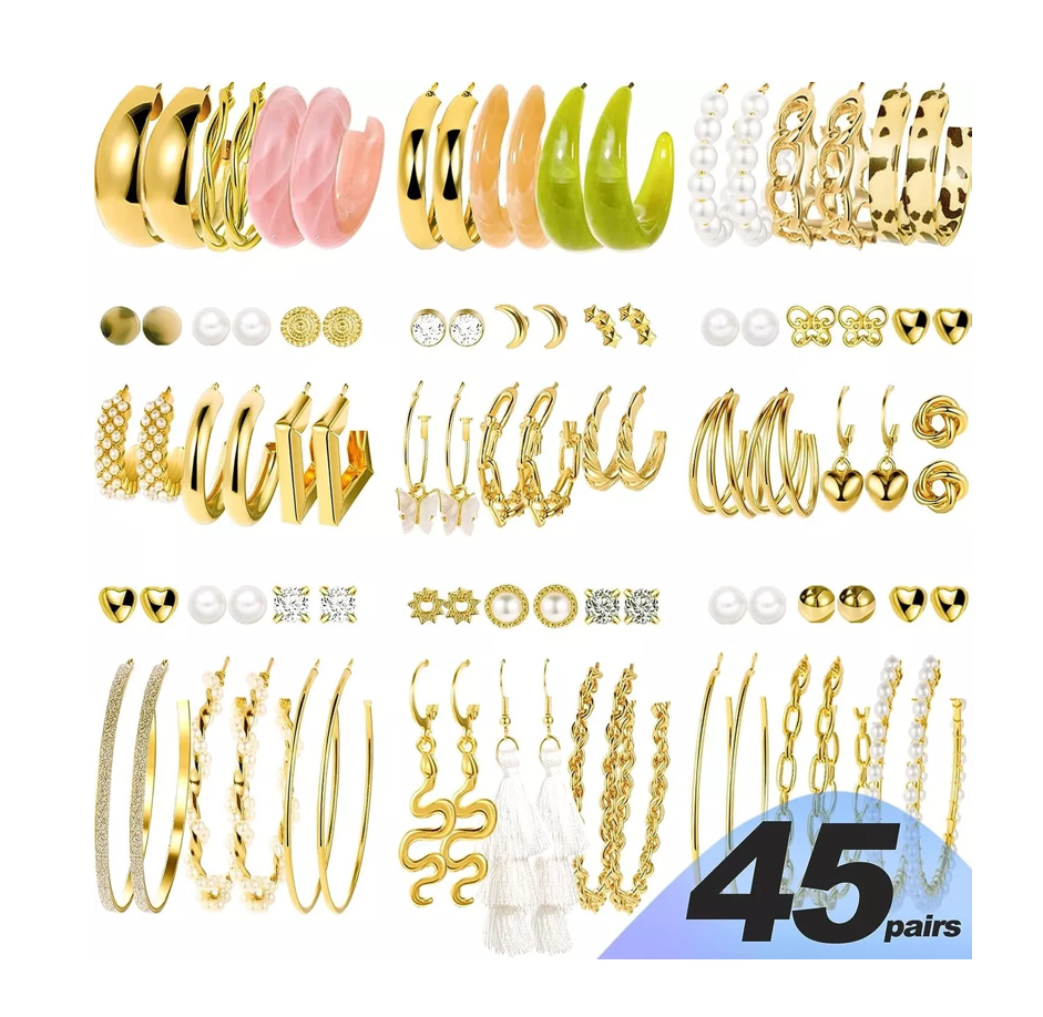 45 Pares Aretes Mujer Oro Pendientes Joyeria Largo Broquel.