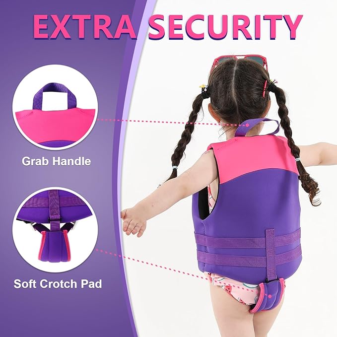 Chaleco de natación para niños pequeños con correa de seguridad ajustable, fácil de poner y quitar para niños de 24 a 65 libras, para niños y niñas, para aprender a nadar.