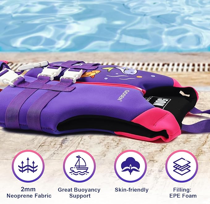 Chaleco de natación para niños pequeños con correa de seguridad ajustable, fácil de poner y quitar para niños de 24 a 65 libras, para niños y niñas, para aprender a nadar.
